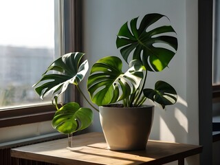 Gigant Monstera plant in the interior by the window. environment with greenery