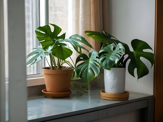 Gigant Monstera plant in the interior by the window. environment with greenery
