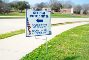 Official Vote Center yard sign with stake in English, Spanish, Vietnamese languages to welcome...