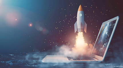 Naklejka premium Rocket emerging from laptop screen symbolizing innovation and creativity, background.