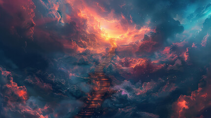 A surreal image depicting a staircase ascending towards a radiant, celestial sky engulfed in dramatic clouds with hues of blue, orange and pink, evoking a sense of mystery and adventure. - obrazy, fototapety, plakaty
