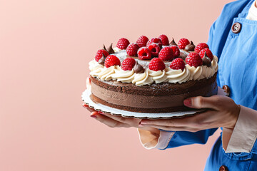 Bakery woman holding chocolate cake with whipped cream and raspberries against pink background....