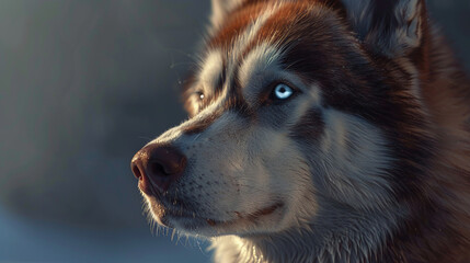 Brown husky head with blue eyes. Fluffy sled dog. Close up. Copy space.