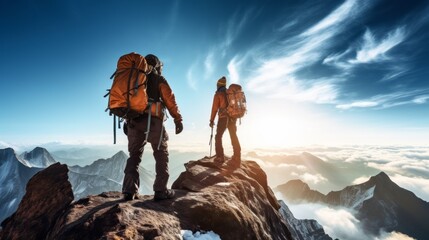 Rear view of two climbers with backpacks on top of a misty cliff, Mountains against a blue sky. Mountaineering, Scenic Landscape, Extreme sports, Hiking, Travel, Active healthy lifestyle concept. - obrazy, fototapety, plakaty