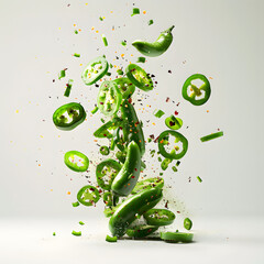 Green jalapeno peppers in mid-air with flying slices on a light background. Freshness and organic food concept for design and print