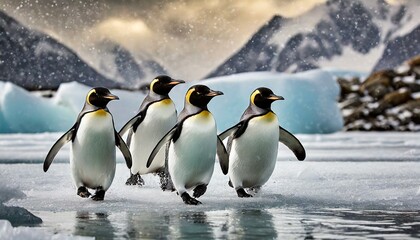 Several penguins run across the ice