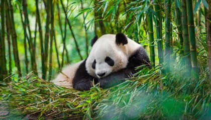 Giant panda sleeps in the bamboo forest