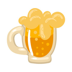 Yellow beer. Glass mug of amber beer for St. Patrick's Day. A large glass container with colored alcohol. Foamy beer with bubbles flows out of the mug, isolated on a white background