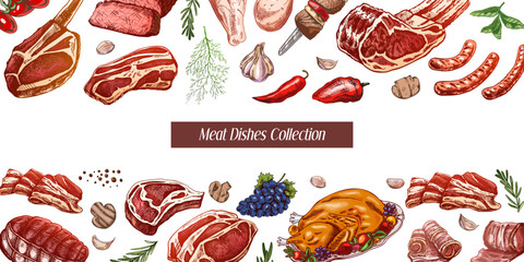 Meat and vegetables menu template in engraved vintage style. Hand-drawn colored sketches of barbecue meat pieces with herbs and seasonings. Background for meat restaurant..