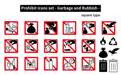 ゴミに関連する「禁止」「注意」「警告」のアイコンセット - obrazy, fototapety, plakaty