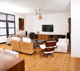 Lounge, sofa and empty room or interior design with home decor or residential or modern living, furniture or real estate. Apartment, couch and house with coffee table or tv, accommodation or property
