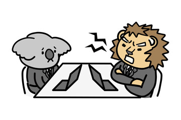 落ち込む部下と怒る上司　動物のキャラクター