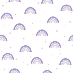 Seamless vector pattern with cute hand drawn rainbows and stars. Fun design. Kawaii skandi theme background for print, wrapping paper, textile, fabric, wallpaper, gift, card, packaging, apparel.