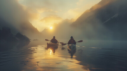 Two kayakers paddle on a serene lake with the sun setting behind the mountains, casting a golden glow through mist. - obrazy, fototapety, plakaty