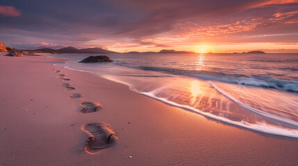 Footprints on a deserted beach at sunrise