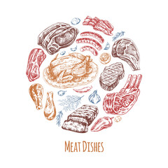 Elements in circle. Meat and vegetables menu template in engraved vintage style. Hand-drawn colored sketches of barbecue meat with herbs and seasonings.