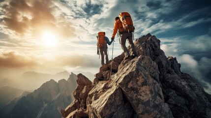 Rear view of two climbers with backpacks climbing a steep high cliff against the background of sunset and Sky. Mountaineering, Extreme sports, Hiking, Traveling, Active healthy lifestyle concept. - obrazy, fototapety, plakaty