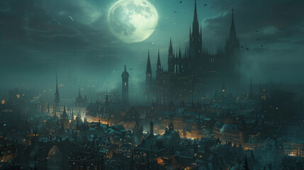 A mystical cityscape under a large full moon, with Gothic architecture prominent, the environment is enveloped in a surreal, ethereal atmosphere, touched by soft lights and a gentle fog.