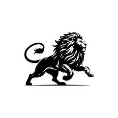 Black and white illustration of a running lion. Vector logo of a lion.