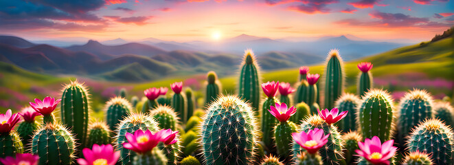 Beautiful blooming field of cactus flowers in the grass in the hilly countryside. spring summer panoramic pastoral natural landscape