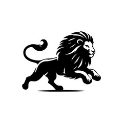 Black and white illustration of a running lion. Vector logo of a lion.