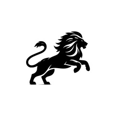 Black and white illustration of a running lion. Vector logo of a lion.