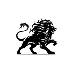 Black and white illustration of a running lion. Vector logo of a lion.