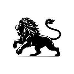 Black and white illustration of a running lion. Vector logo of a lion.