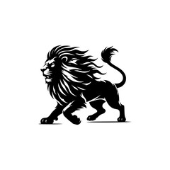Black and white illustration of a running lion. Vector logo of a lion.