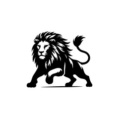 Black and white illustration of a running lion. Vector logo of a lion.