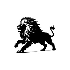 Black and white illustration of a running lion. Vector logo of a lion.