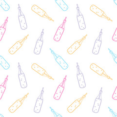 Seamless vector pattern with cute hand drawn soft soda drink bottles. Line objects. Colorful palette. Fun background for wrapping paper, textile, print, fabric, wallpaper, card, apparel, packaging.