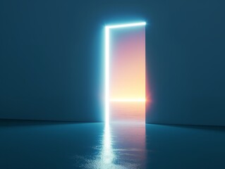 A glowing doorway opens to reveal a serene sunset over the ocean, symbolizing hope and new beginnings.