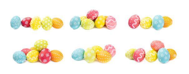 Fototapeta premium Easter eggs isolated on a white background. Handmade colorful Easter eggs. Easter celebration concept.