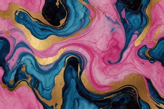 blue marble with acrylic liquid gold and pink swirls backdrop © Jan