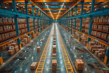 Fototapeta premium An expansive view of a large warehouse with symmetrical rows filled with packages