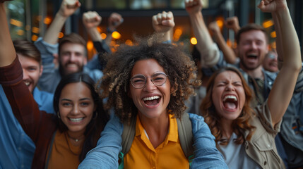 Excited diverse business team employees screaming celebrating good news with their fists up in the air. Business win corporate success, happy colleagues cheering in front of company building. - obrazy, fototapety, plakaty
