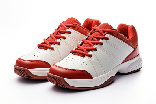 A pair of sports tennis shoes in red and white on a white background. Generated by artificial intelligence