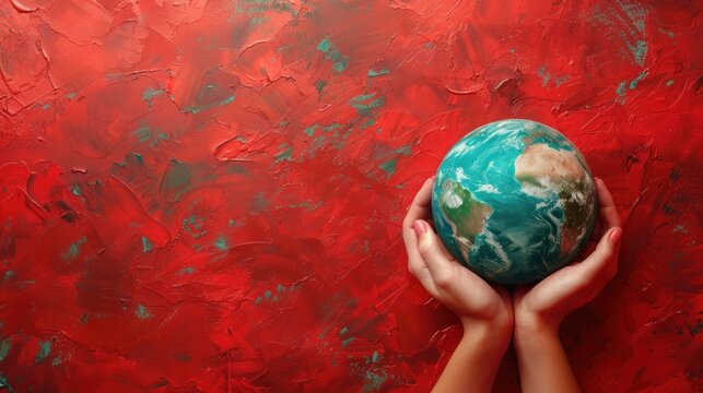Floating Earth in hands against red backdrop