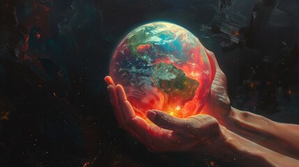This striking image features a glowing globe in human hands, set against a dark, cosmic-like textured