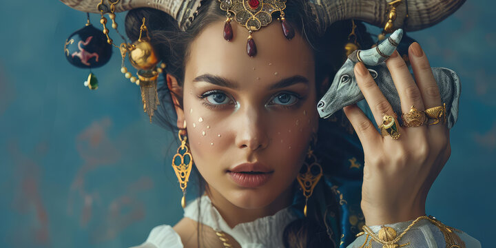 Portrait of a young pretty woman astrologer or fortune teller holding a miniature symbol of Taurus, horoscope zodiac sign concept, horoscope prediction, copy space.