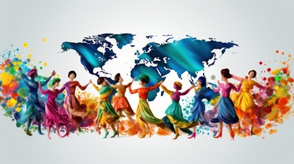 Illustration design of dancing women in colorful clothes and colorful ornaments, with a world map background.
