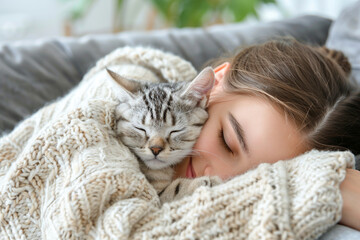 Woman hugging cute little grey striped cat at home. Slow living concept.