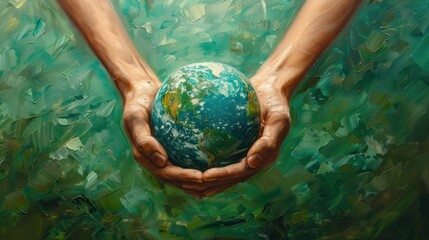 In an impressionistic style, hands cup a brightly painted Earth against an expressive emerald...