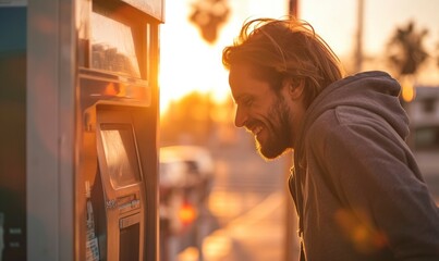 Happy man withdrawing cash from an ATM. happy man using a bank car to withdrawn money from cash machine - obrazy, fototapety, plakaty