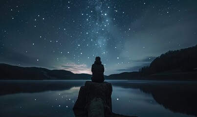 Man Standing Under night sky and stars shine in backgrounds. - Powered by Adobe