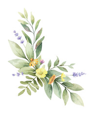 Watercolor wild flower wreath. Spring, summer garden. Vector design for invitation, card, stationery, wallpaper, fashion, wedding. Holiday decor. Hand drawn illustration.