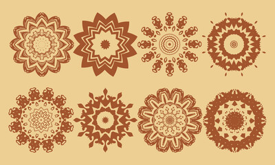 Eight monochromatic mandalas. Collection of round ornamented compositions in retro style. Vector set