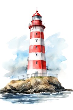 watercolor red and white lighthouse in the ocean