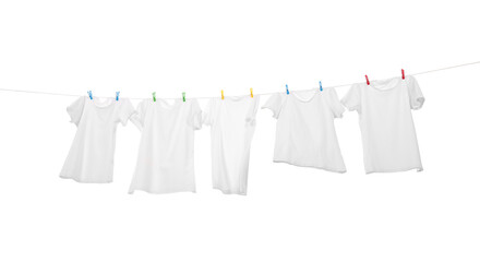 Many t-shirts drying on washing line isolated on white, low angle view